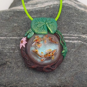 Koi Fish Pendant, Goldfish pond Necklace, Fairy Necklace, Witch Pendant, Woodland Pendant, Koi Charm Figurine, Polymer Clay Resin Necklace