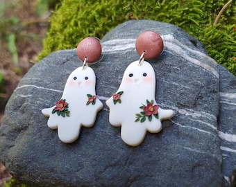 Glow in the Dark Ghost Earrings: Halloween Floral Polymer Clay Dangles