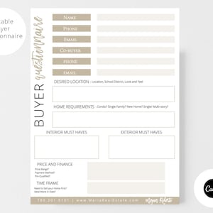 Realtor Buyer Questionnaire | Real Estate Buyer Guide | Real Estate Flyers | Realtor Marketing | Realtor Branding | Home Buyer Questions