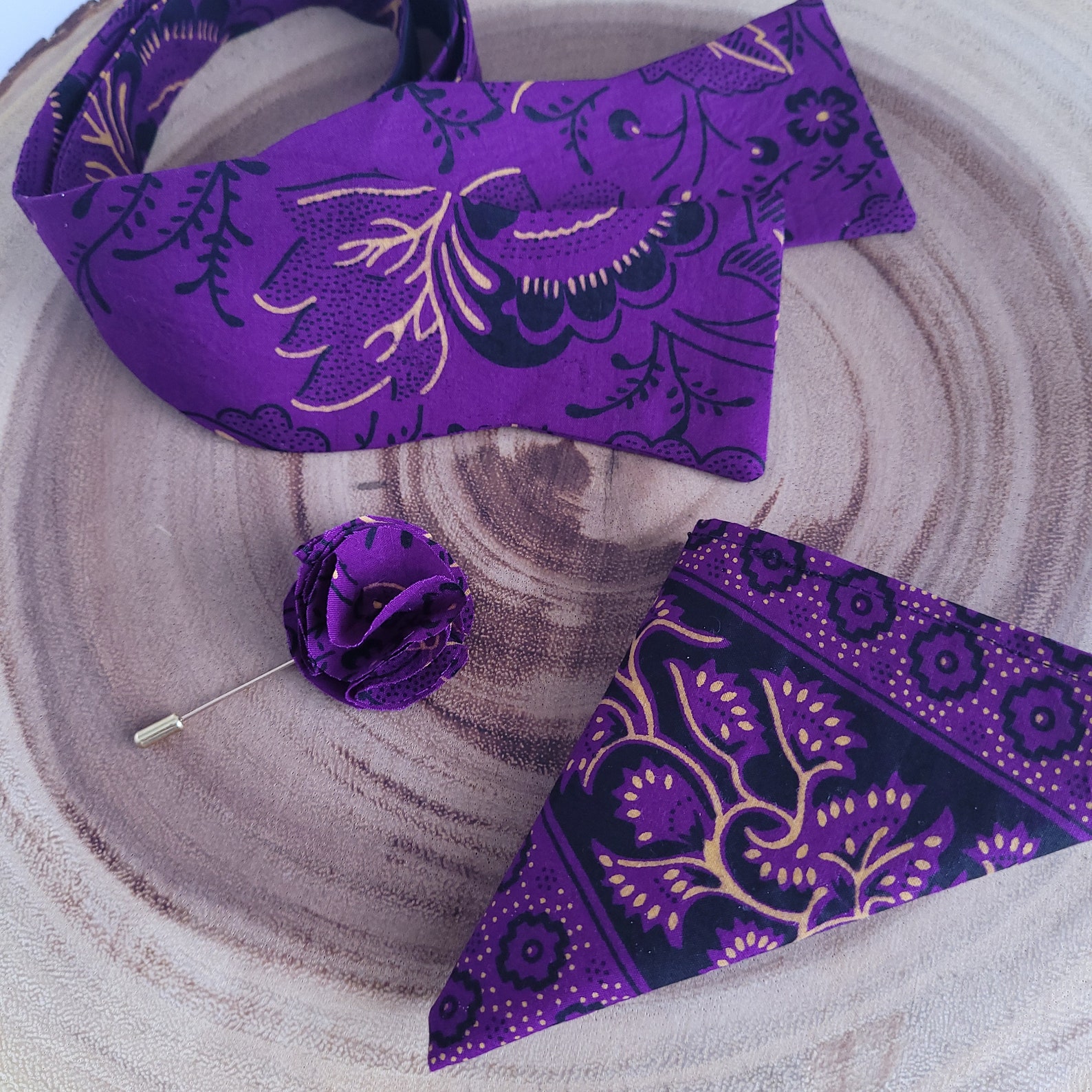 King Bow Tie Lapel Pin & Pocket Square Set Purple Black Etsy
