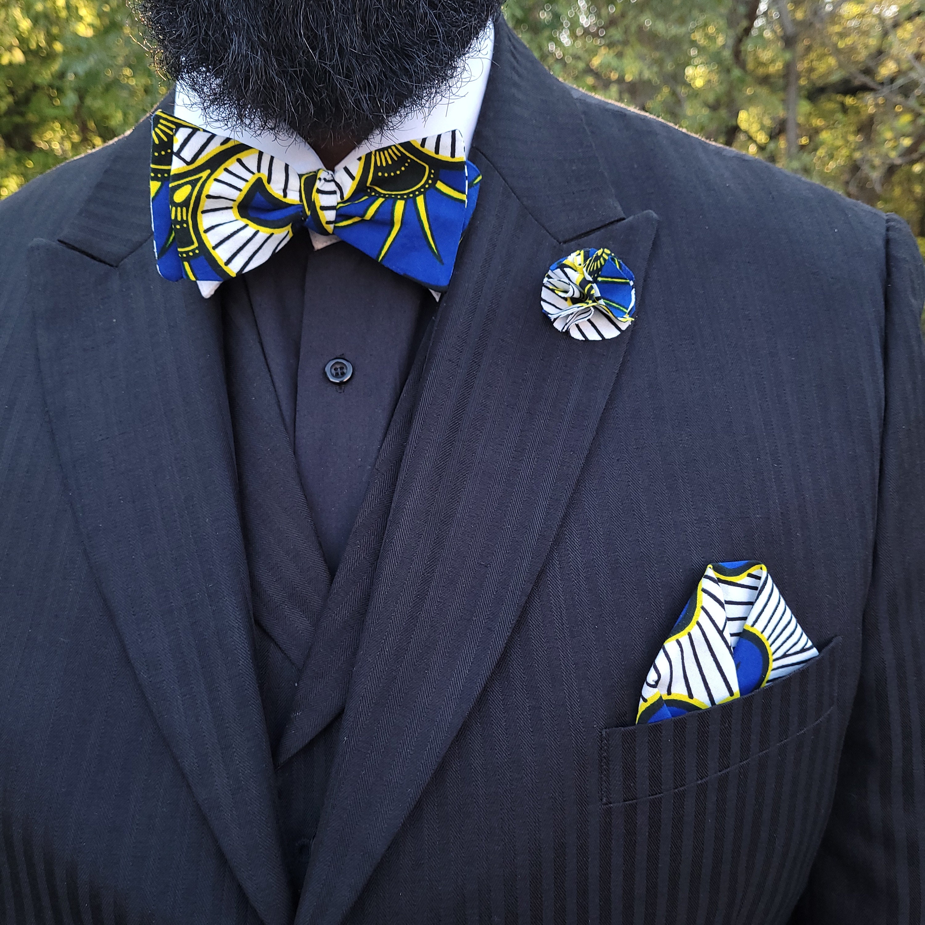Esquire Bow Tie Lapel Pin Pocket Square Set Royal Blue Yellow