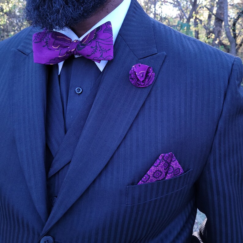 Feather Bow Tie Set: Black And Blue Lapel Pin, Dapper Wedding Accessory - UK