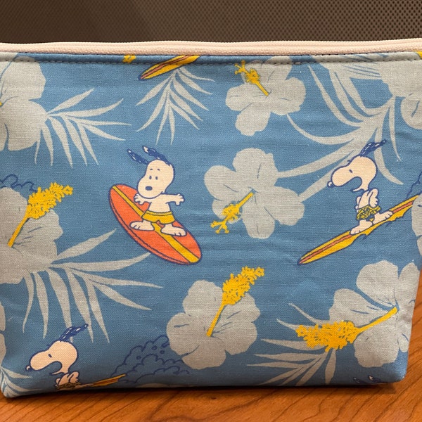 Makeup/Storage Bag - Surfing Snoopy with Hawaiian Flowers Fabric