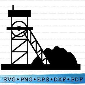 Könnte beinhalten: Schwarze und weiße Silhouette eines Bergwerkschachtes mit einem großen Rad und einem Kohlehaufen.