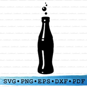 May include: Black silhouette of a soda bottle with bubbles rising above it.