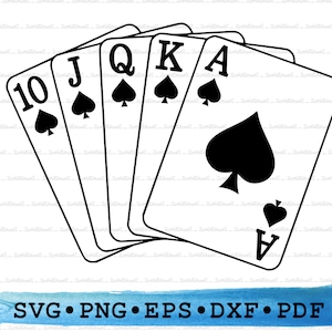 Royal Flush Spade svg Black Jack silueta, Juegos de cartas de póquer Juegos de casino Cricut Esquema Vector DXF EPS PDF Png clipart printable Decoración