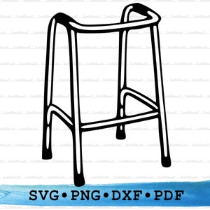 Könnte beinhalten: Schwarz-weiß-Linienzeichnung eines Rollators, einer Gehhilfe mit vier Beinen und einem Handlauf.