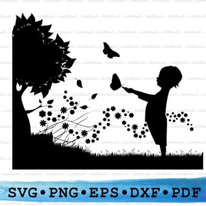 Kind Butterfly Svg, Grillige Tuin Silhouet, Boom Cricut Transparante Outline Vector DXF EPS PDF Png clipart afdrukbare Decor Cut File