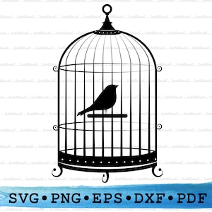 Bird Cage SVG DXF PNG EPs Pdf – Bird in Cage Silhouette Cut File Cricut, Hanging Cage Clipart, Vintage Animal Vector, Printable Design