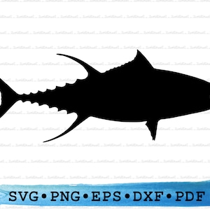May include: Black silhouette of a tuna fish against a white background. The fish is facing right and has a large tail fin.