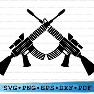 May include: Black and white silhouette of two crossed rifles with scopes. The rifles are in a crossed position, with the barrels pointing in opposite directions. The image is a simple, graphic design.