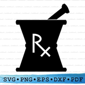 May include: Black and white silhouette of a mortar and pestle with the letter "R" and a cross inside. The image is a graphic design for a pharmacy or medical business.