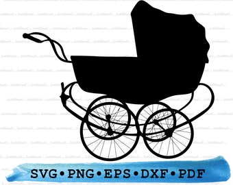 Vintage Pram Svg Dxf Png Eps Pdf – Baby Carrier Silhouette Cut File Cricut, Retro Stroller Clipart, Shower Vector Printable Nursery Decor