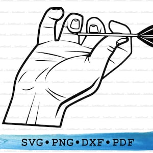 May include: A black and white line drawing of a hand holding a dart. The hand is in a throwing position, with the fingers curled around the dart. The dart has a black fletching and a black tip.