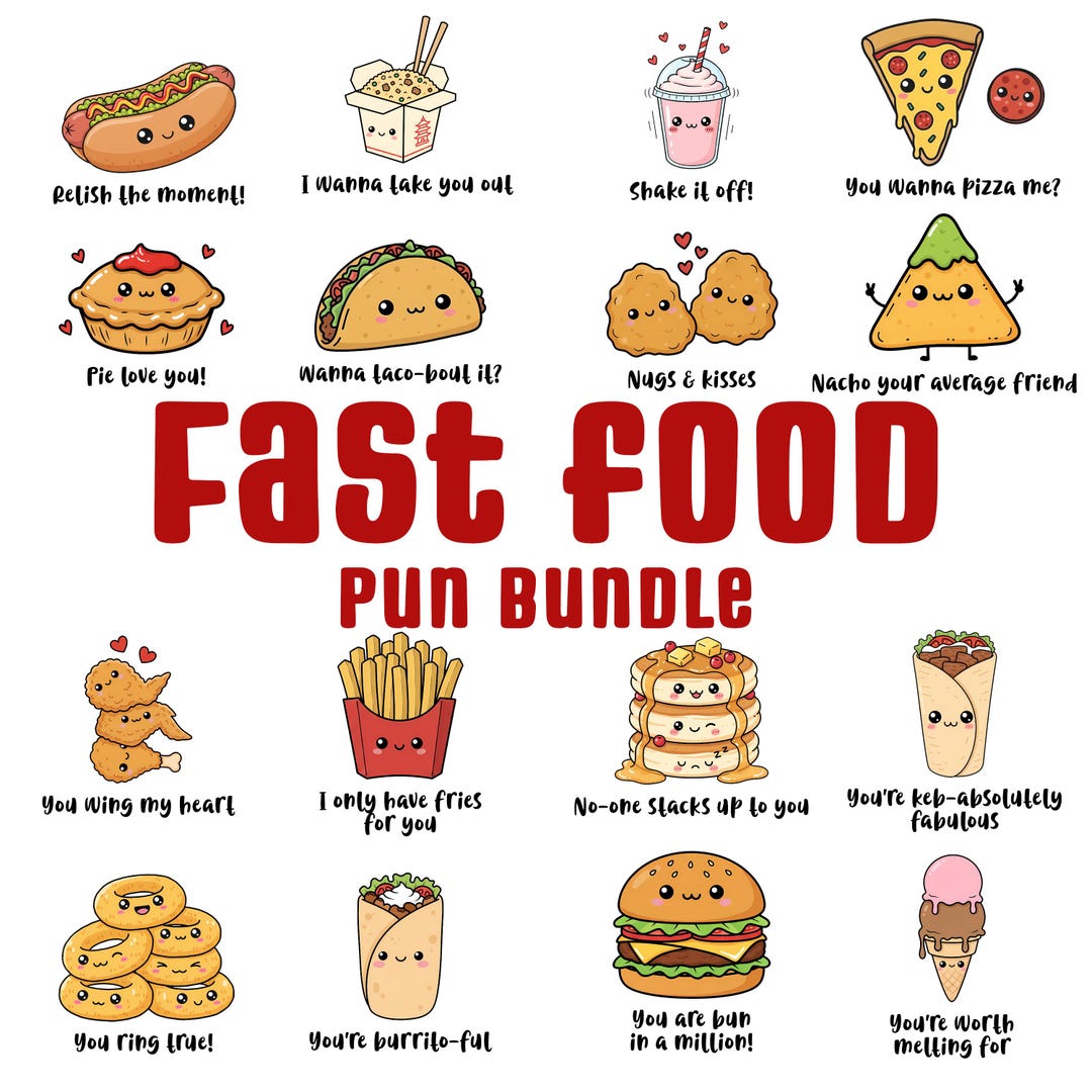 Fast Food Pun Clipart Bundle – Kawaii Pngs for Stickers, Cards, Wall ...