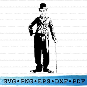 Peut inclure: Silhouette noire et blanche d'un homme portant un chapeau et un costume, tenant une canne. L'homme est debout, la main droite sur la hanche et la main gauche tenant la canne. L'arrière-plan est blanc.