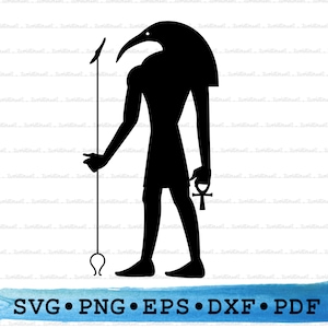 Peut inclure: Silhouette noire du dieu égyptien Anubis, debout avec un bâton et un ankh dans sa main. L'image est sur un fond blanc avec une lavis aquarelle bleue en bas.