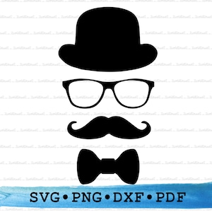 Charlie Chaplin Disguise Svg, Hat Glasses Bigode Bowtie Silhouette, Cricut Transparent Outline Vector DXF PDF Png clipart printable