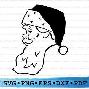 Puede incluir: Ilustración en blanco y negro de un Papá Noel con una larga barba y un gorro. La imagen es una vista de perfil de Papá Noel.