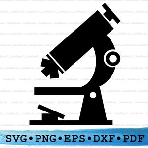 May include: Black and white silhouette of a microscope. The microscope has a round base and a long, curved arm with a lens at the top. The lens has a star-shaped design.