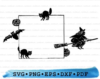 Silueta de marco de Halloween, borde de Halloween SVG, marco de Halloween PNG, Cricut, bruja voladora, gato, murciélago, contorno vectorial DXF EPS PDF clipart