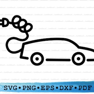 May include: Black and white line art illustration of an electric car with a charging cable plugged into the side. The car has a rounded shape and large wheels.