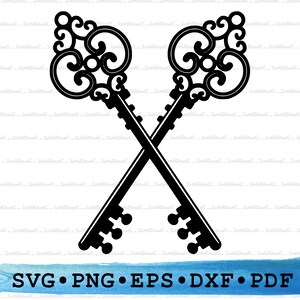 May include: Two black ornate keys crossed over each other. The keys have intricate designs and are in a silhouette style.