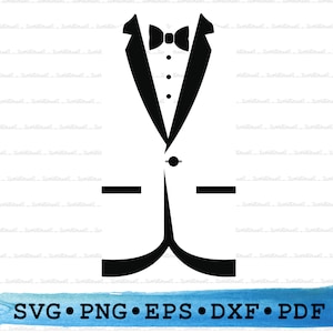 Puede incluir: Silueta en blanco y negro de un esmoquin con pajarita. La imagen incluye el texto "SVG PNG EPS DXF PDF".