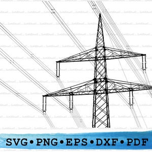 Powerlines Silhouette SVG PNG DXF PDf eps – Utility Tower Clipart For Cricut Crafts, Electrical Decor, Cable Signs Printable Infrastructure
