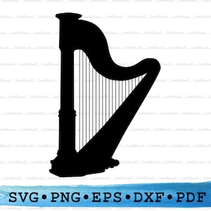 Könnte beinhalten: Eine schwarze Silhouette einer Harfe, ein Saiteninstrument.