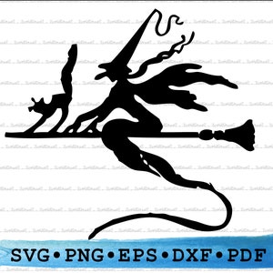 cat witch on broom svg png dxf pdf eps – flying witch silhouette for halloween crafts, cricut cut files, spooky decor, shirts & printables