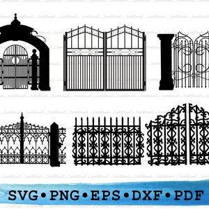 Portão de ferro forjado Svg, silhueta de pacote, cercas de metal vintage forjadas Cricut Outline Vector DXF EPS PDF Png clipart imprimível Decoração instantânea