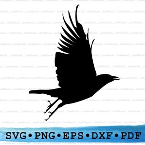 Vliegende kraai Svg Dxf Png Eps Pdf – gotische vogel silhouet snijden bestand Cricut, Halloween raaf Clipart, Spooky Outline Vector, afdrukbaar ontwerp