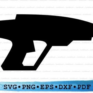 May include: A black silhouette of a futuristic pistol. The gun has a rounded barrel and a handle with a trigger.