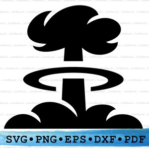 May include: Black and white silhouette of a mushroom cloud explosion. The image is a graphic design element for a digital download.