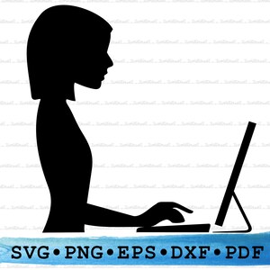 May include: Silhouette of a person sitting at a computer desk, typing on a keyboard. The person is facing the computer screen, which is on the right side of the image. The image is in black and white.