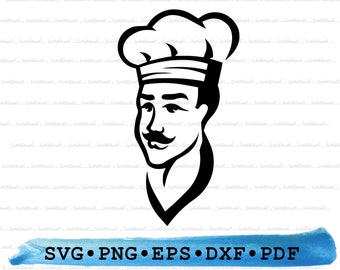 Chef Svg, Cook Silhouette, Chef hat Baker Cuisine Gourmet Cricut Transparent Outline Vector DXF EPS PDF Png clipart printable Decor Cut File
