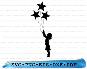 GIrl holding Balloon Svg Stars Silhouette, Dreamer Girls Bedroom Sweet Cute Decor Cricut Outline Vector DXF EPS PDF Png clipart printable