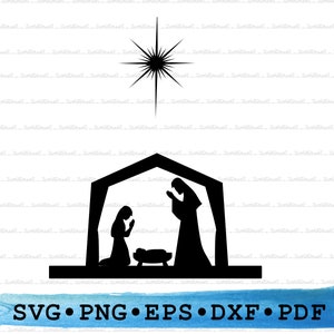May include: Black silhouette of the nativity scene with Mary, Joseph, and baby Jesus in a manger. A star shines above the stable.