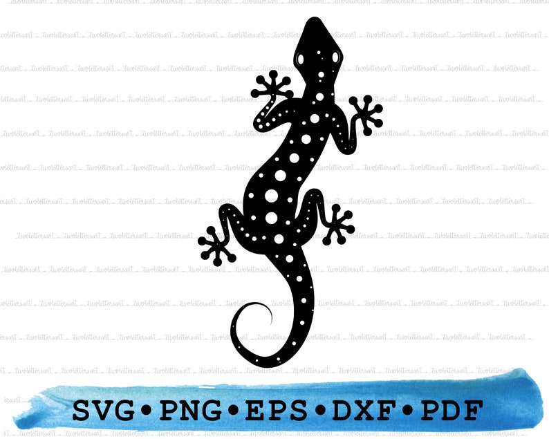 May include: Black silhouette of a gecko with white spots on a white background. The gecko is facing right and has its tail curled around its body.