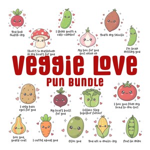 Może przedstawiać: Na białym tle kolekcja uroczych warzyw z kreskówek z uśmiechniętymi twarzami i grami słów. Tekst "Veggie Love Pun Bundle" jest w kolorze czerwonym. Każde warzywo ma grę słów, np. "You look radish-ing".