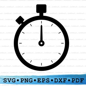 May include: Black and white silhouette of a stopwatch with a large round face and a single hand pointing to the 12 o'clock position.