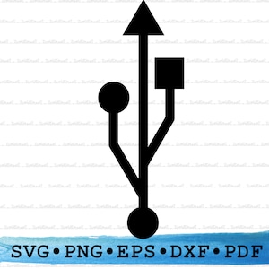 Op de afbeelding: Zwarte en witte silhouet van een USB-connector met een pijl die omhoog wijst. De connector heeft een vierkante vorm aan de bovenkant en twee afgeronde uiteinden aan de onderkant.