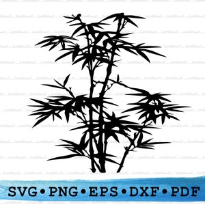 May include: Black silhouette of a bamboo plant with multiple stalks and leaves. The plant is isolated on a white background.