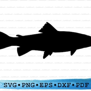 May include: Black silhouette of a trout fish. The fish is facing right and has a large tail fin. The image is on a white background.