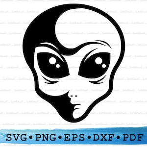 May include: Black and white illustration of an alien's face with large eyes and a furrowed brow. The alien's face is in a cartoon style.