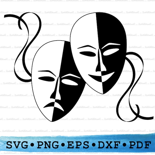 Theatre masks Silhouette, Theatre masks Svg,  Comedy Tragedy Cricut Transparent Outline Vector DXF EPS PDF Png clipart printable Decor