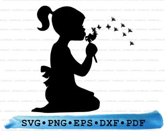 Girl Blowing Dandelion Svg, Flower Girl Silhouette Little Child Spring Summer Cricut Outline Vector DXF EPS PDF Png clipart printable Decor