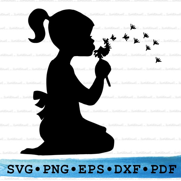 Girl Blowing Dandelion Svg, Flower Girl Silhouette Little Child Spring Summer Cricut Outline Vector DXF EPS PDF Png clipart printable Decor