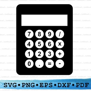 Peut inclure: Icône de calculatrice noire et blanche avec un écran d'affichage en haut et un pavé numérique avec les chiffres de 0 à 9, plus, moins, multiplier, diviser et égal.